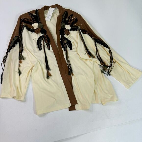 Pat & Janet Cardigan Womens Medium Cream Boho Floral Tassels Embroidered New - Picture 1 of 9